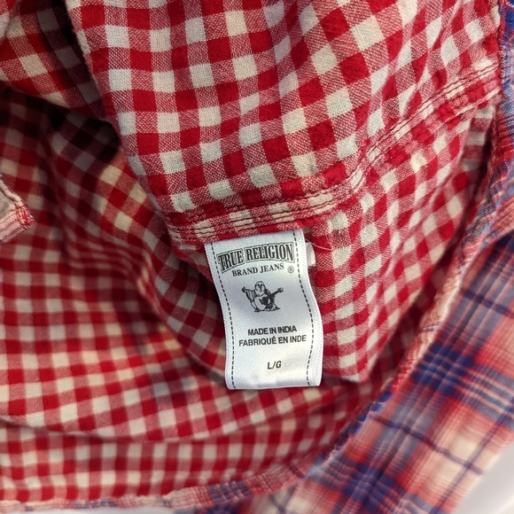 True Religion Men's Red Flannel Plaid button down pocket logo size L - Picture 9 of 12